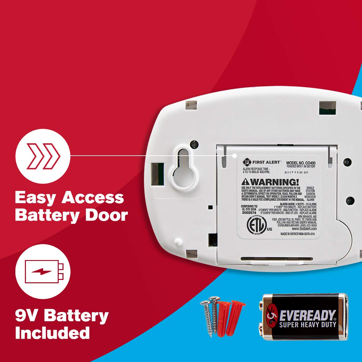 First Alert CO400 battery insert demonstrates quick, tool-free setup.