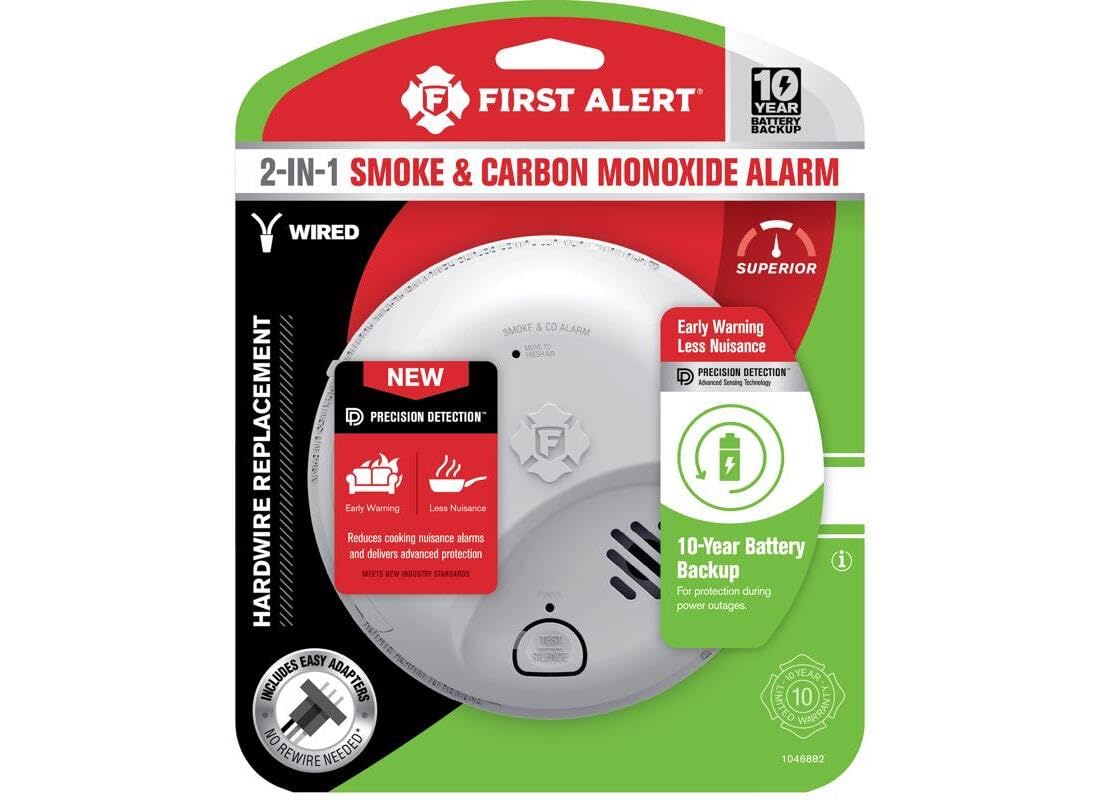 First Alert hard-wired smoke and CO detector mounted on ceiling for reliable home protection