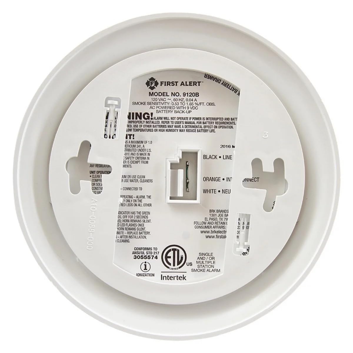 First Alert SC-9120B side-load battery compartment for easy maintenance.