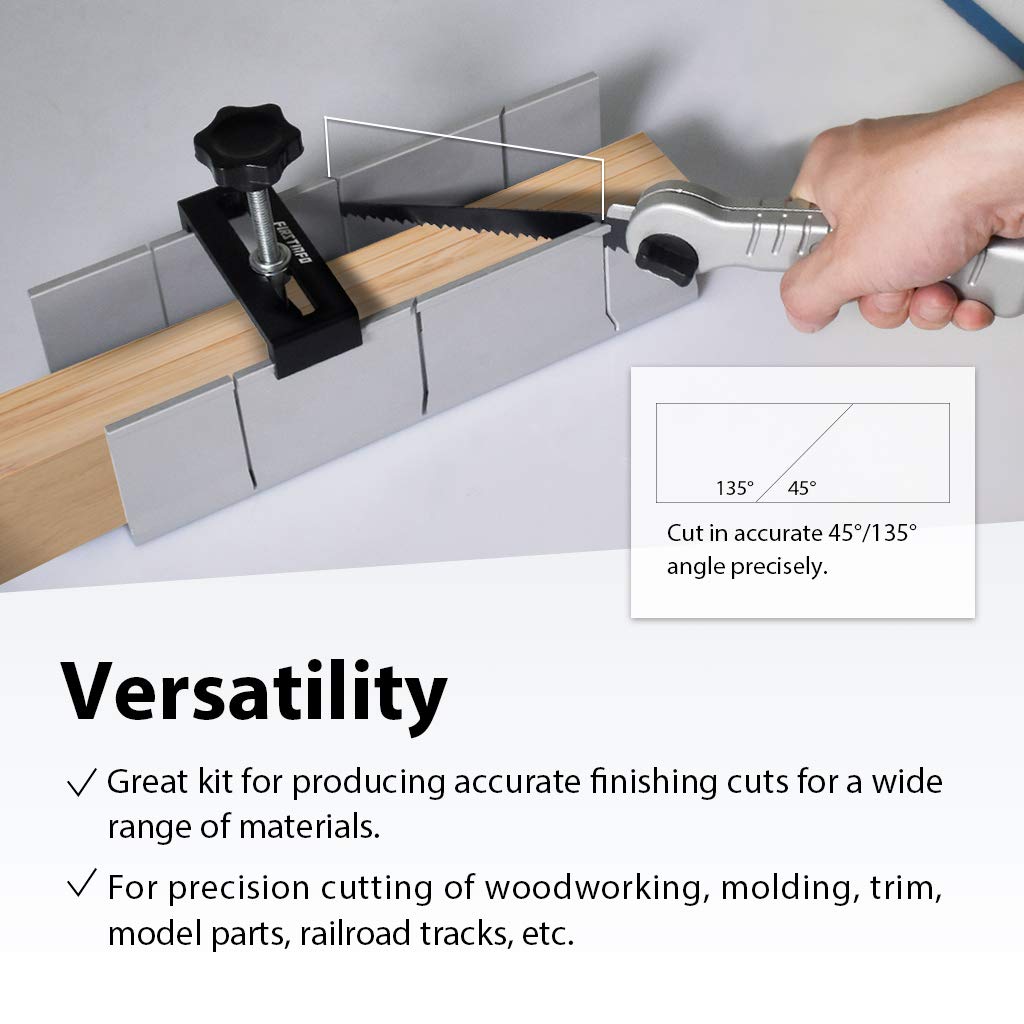 FirstInfo H5441 miter box shows three-angle slots for accurate 45°, 90°, and 135° cuts