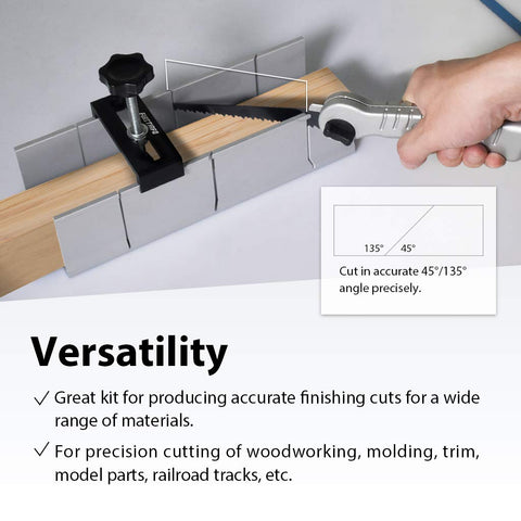 FirstInfo H5441 miter box shows three-angle slots for accurate 45°, 90°, and 135° cuts