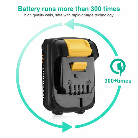 FirstPower battery charges with Dewalt DCB100 charger for convenient recharging.