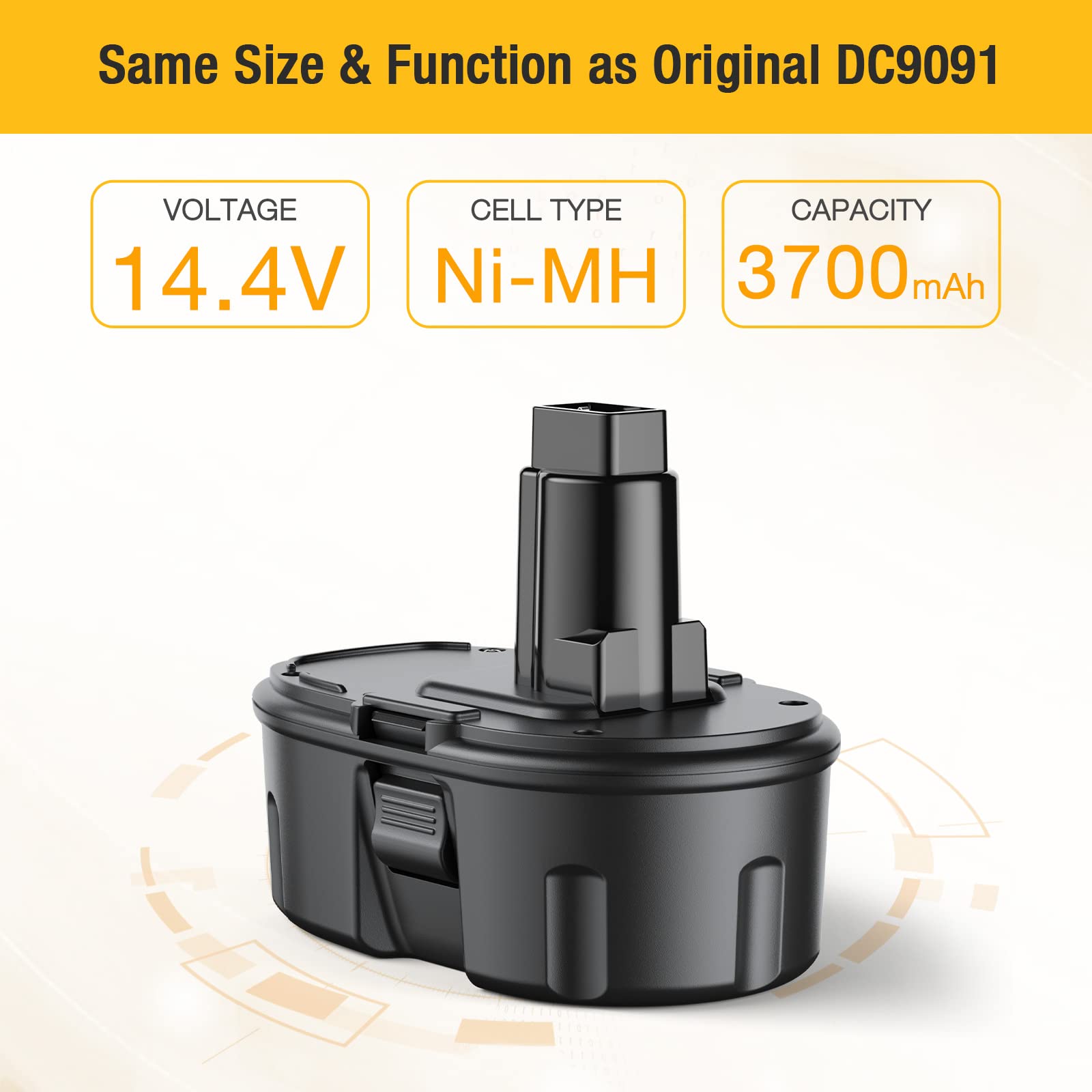 FirstPower battery compatible with DEWALT 14V tools for quick swaps.