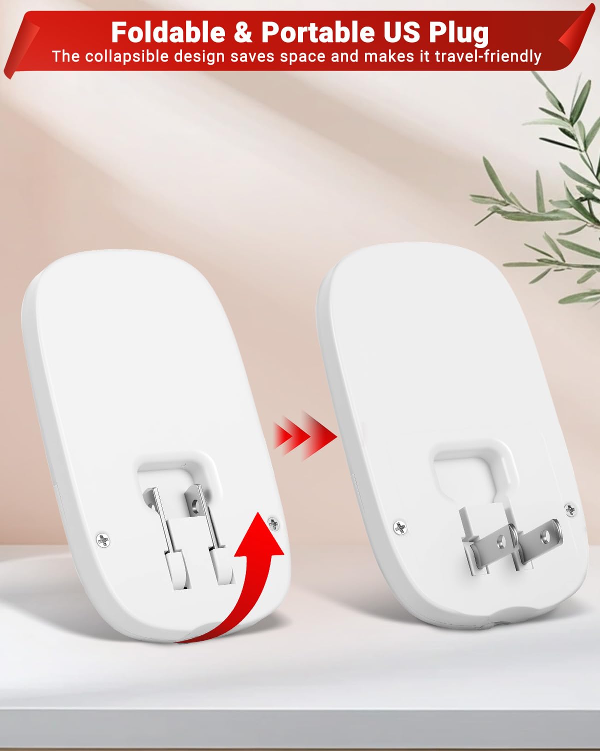 Firtallon red night light with folded plug saves outlet space for travel.