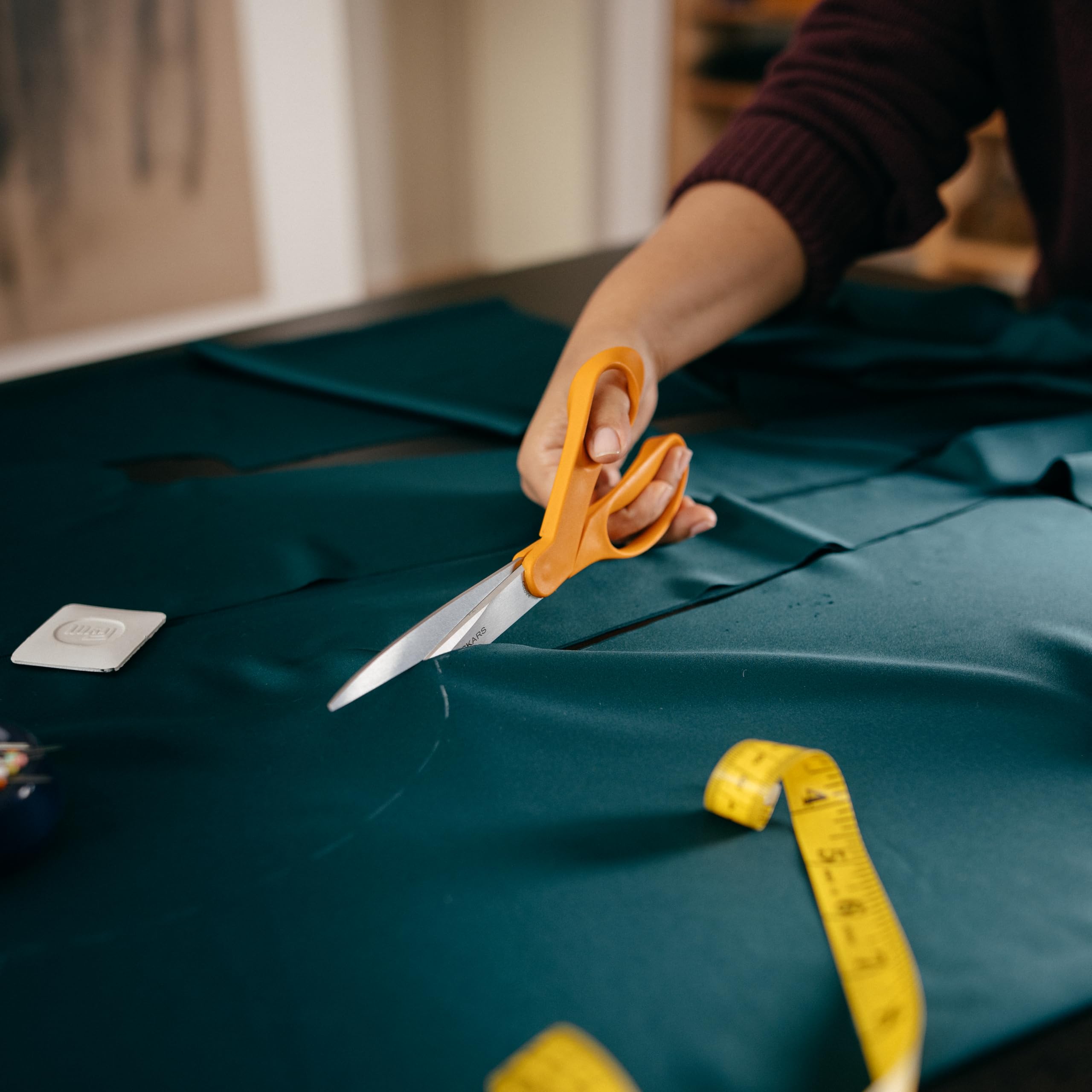Fiskars 9-inch bent dressmaker shears ideal for denim and silk fabrics