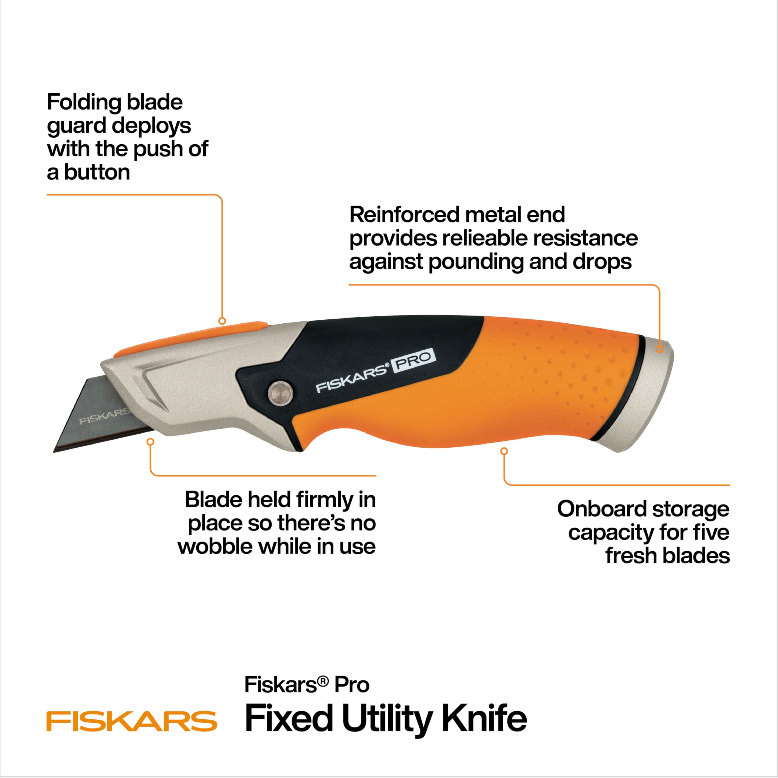 Fiskars Pro Fixed Knife reinforced metal end resists impact and drops