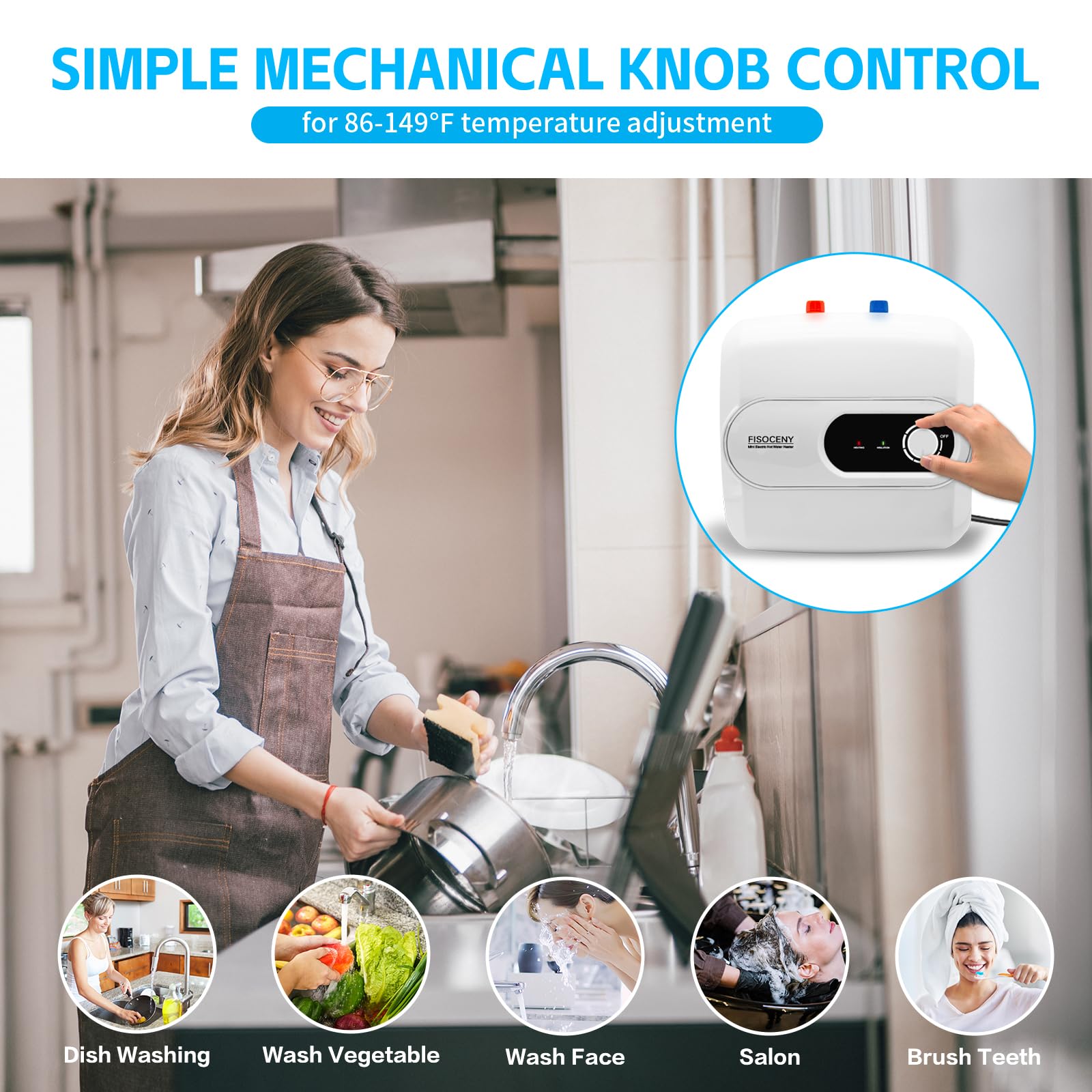 Fisoceny adjustable temperature control knob provides precise temperature adjustment.
