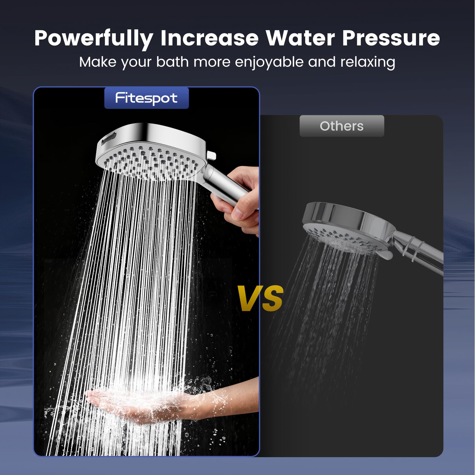 Fitespot filtered shower head showing six spray settings for versatile baths.