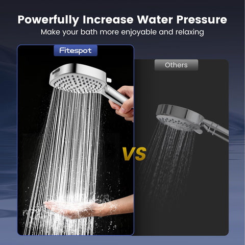 Fitespot filtered shower head showing six spray settings for versatile baths.