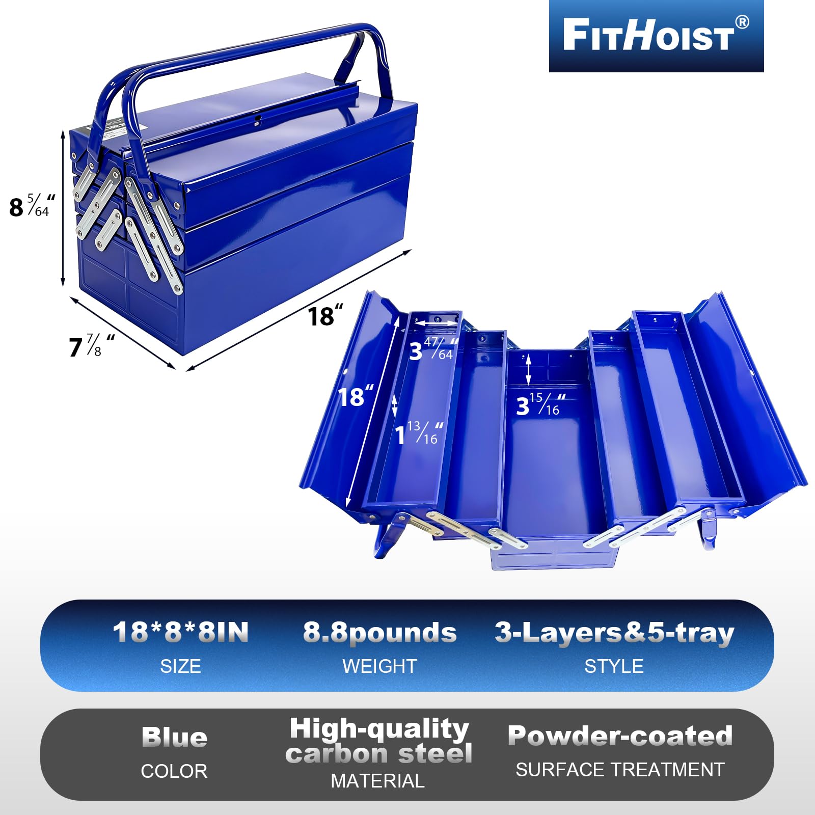 FITHOIST 18-inch tool box with compact dimensions for easy transport.