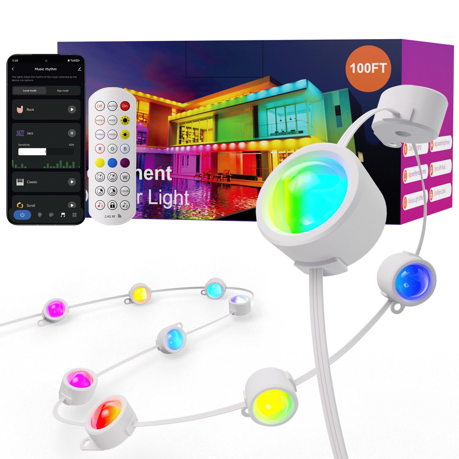 Fitop 100ft RGB outdoor light strip installed along eaves for vivid color