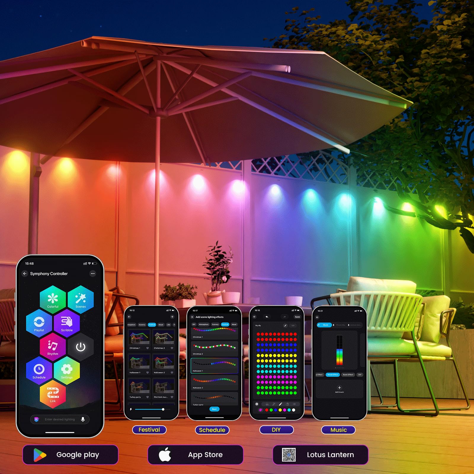 Fitop app and remote control offer flexible lighting options.