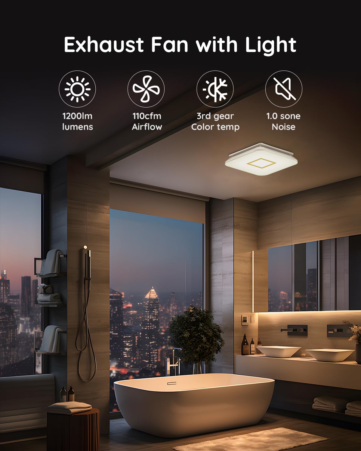 Fitop LED light at 1200 lm brightens the bathroom while ventilating quietly.