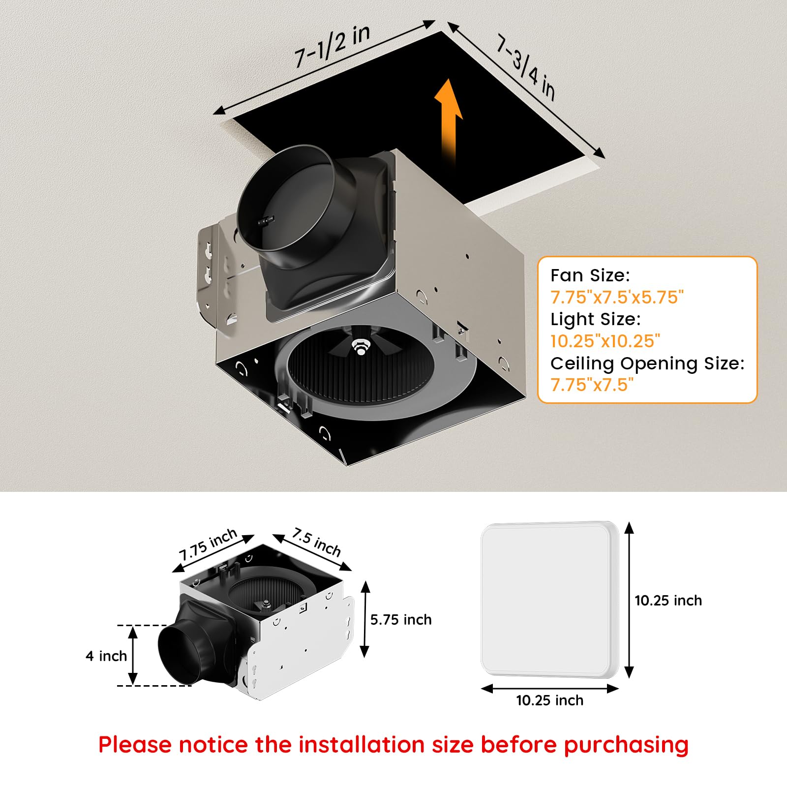 Fitop ceiling-mount installation showing easy 7.75 x 7.5 inch cutout.