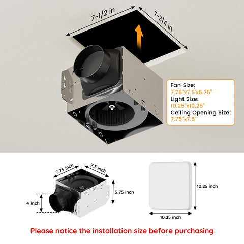 Fitop ceiling-mount installation showing easy 7.75 x 7.5 inch cutout.