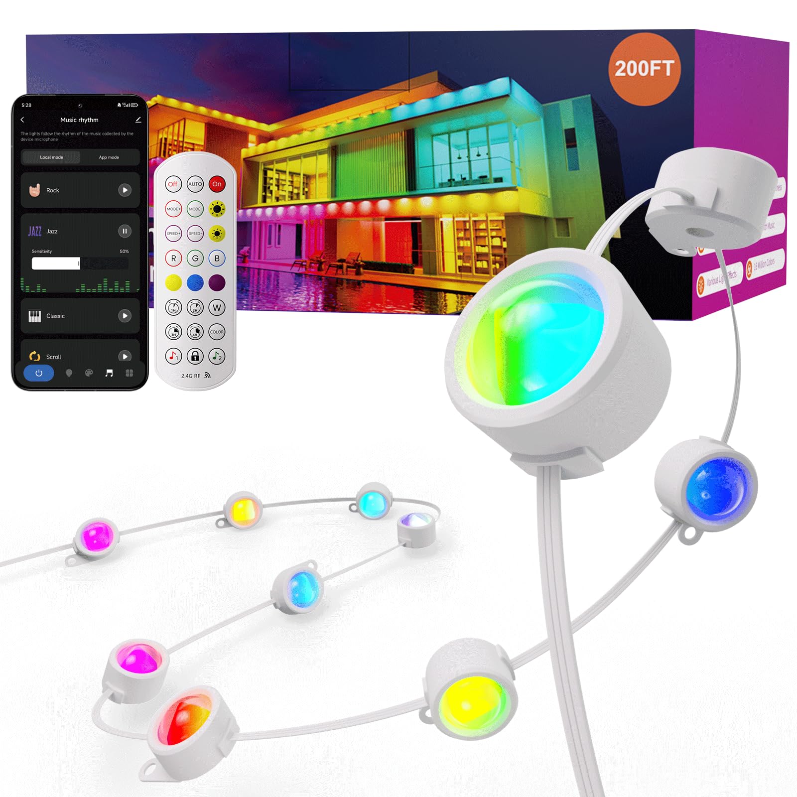 Fitop 200ft rgb outdoor lights on a house eave for wide vibrant ambience