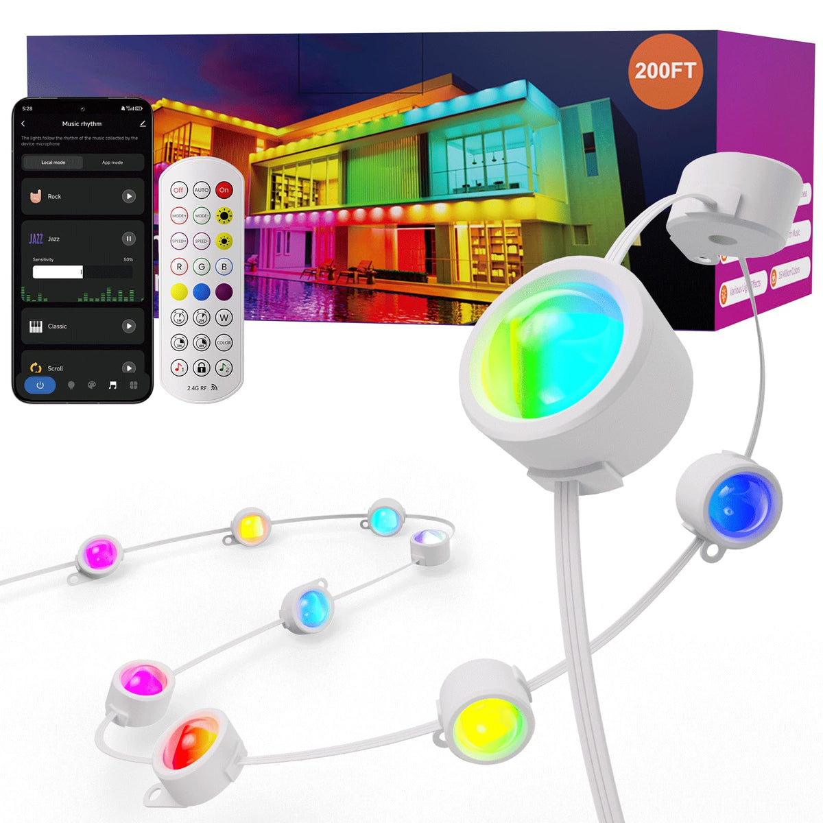 Fitop 200ft rgb outdoor lights on a house eave for wide vibrant ambience