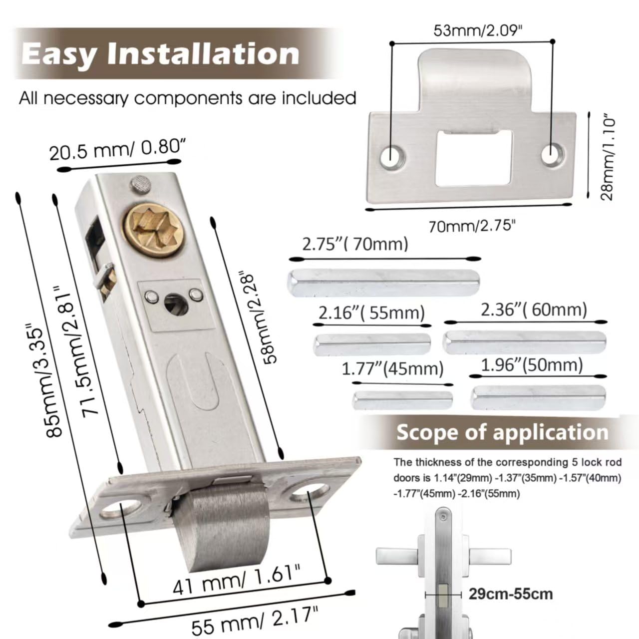 Five fixed-length bolts adjust to door thicknesses 29–55 mm.