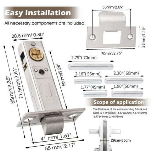 Five fixed-length bolts adjust to door thicknesses 29–55 mm.