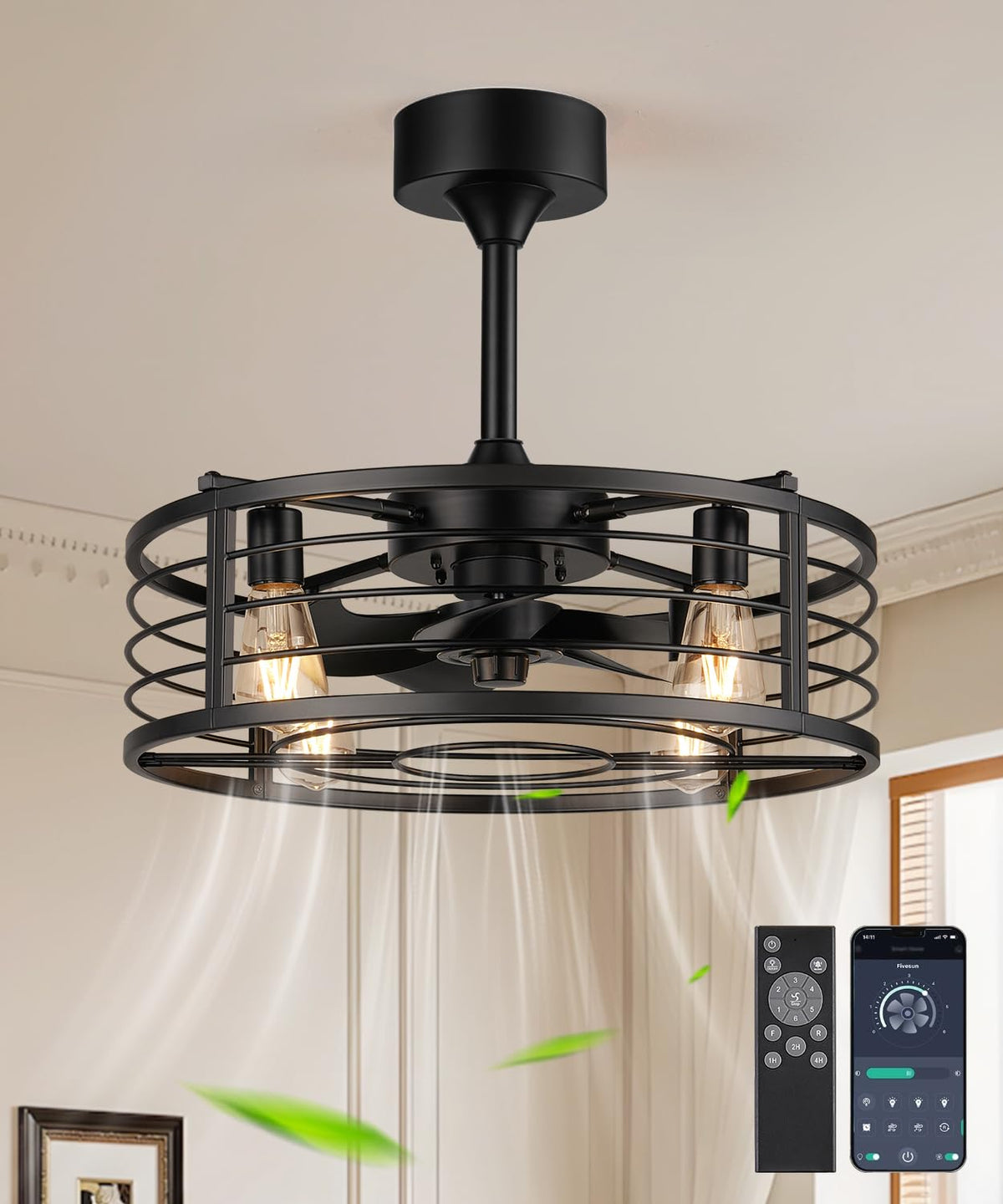 Fivesun 20 inch cage ceiling fan with remote and light for versatile living room cooling