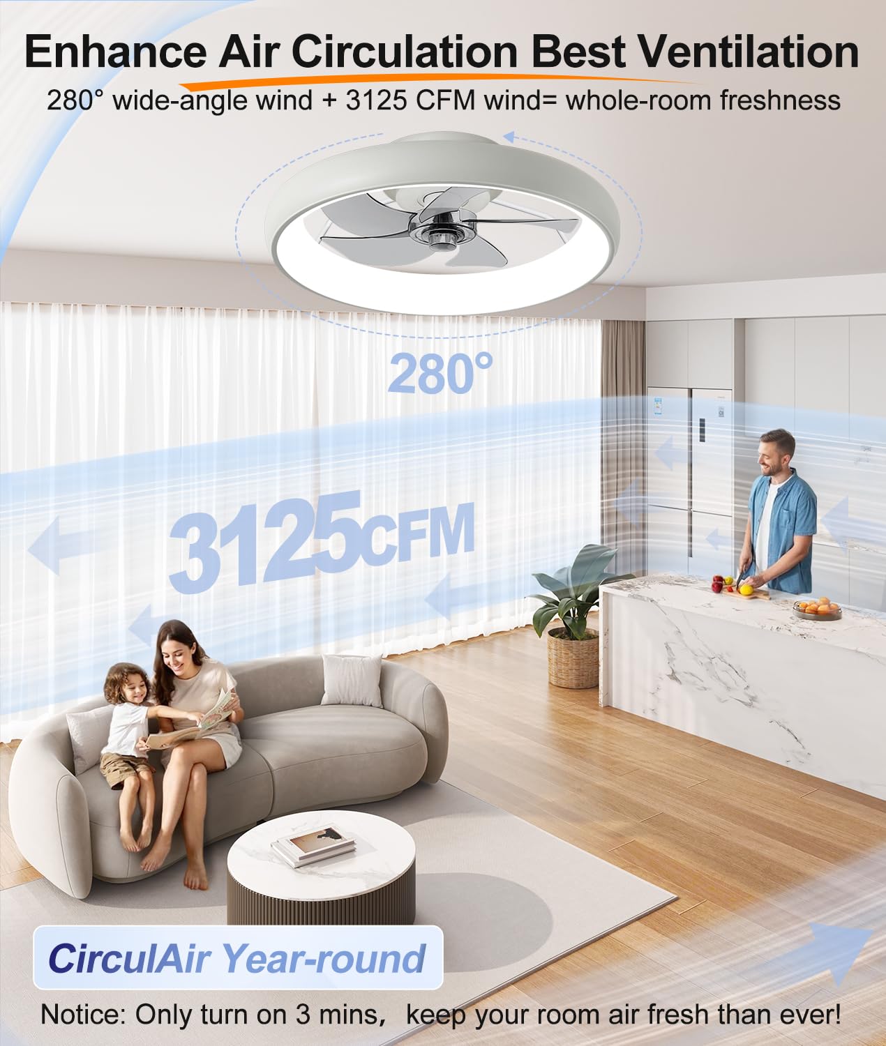 Fivesun LED fandelier in milky white with remote on display panel.