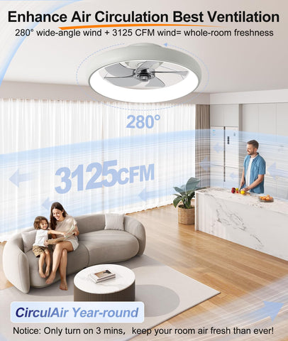 Fivesun LED fandelier in milky white with remote on display panel.