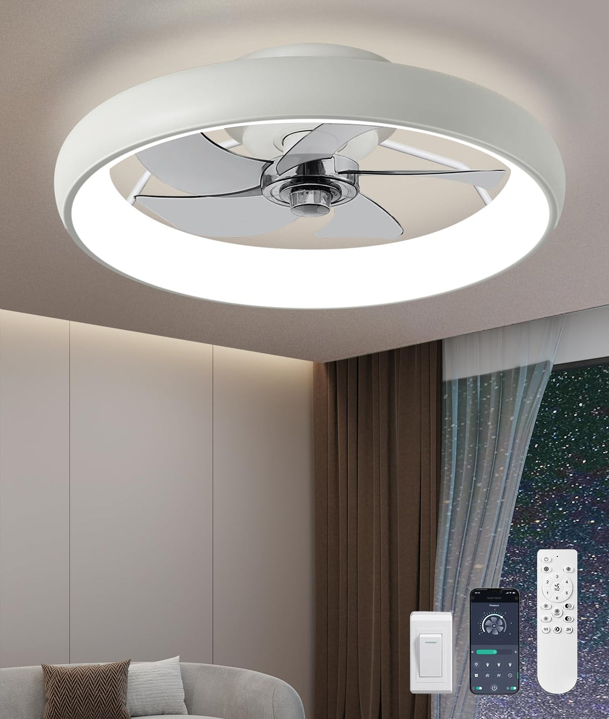 Fivesun ultra low profile milky white ceiling fan viewed from below for compact spaces.