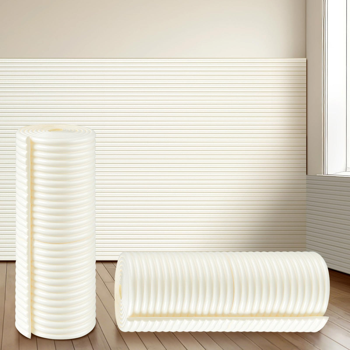 Fiwochic padded wall panel roll in white adds soft safety to playrooms.