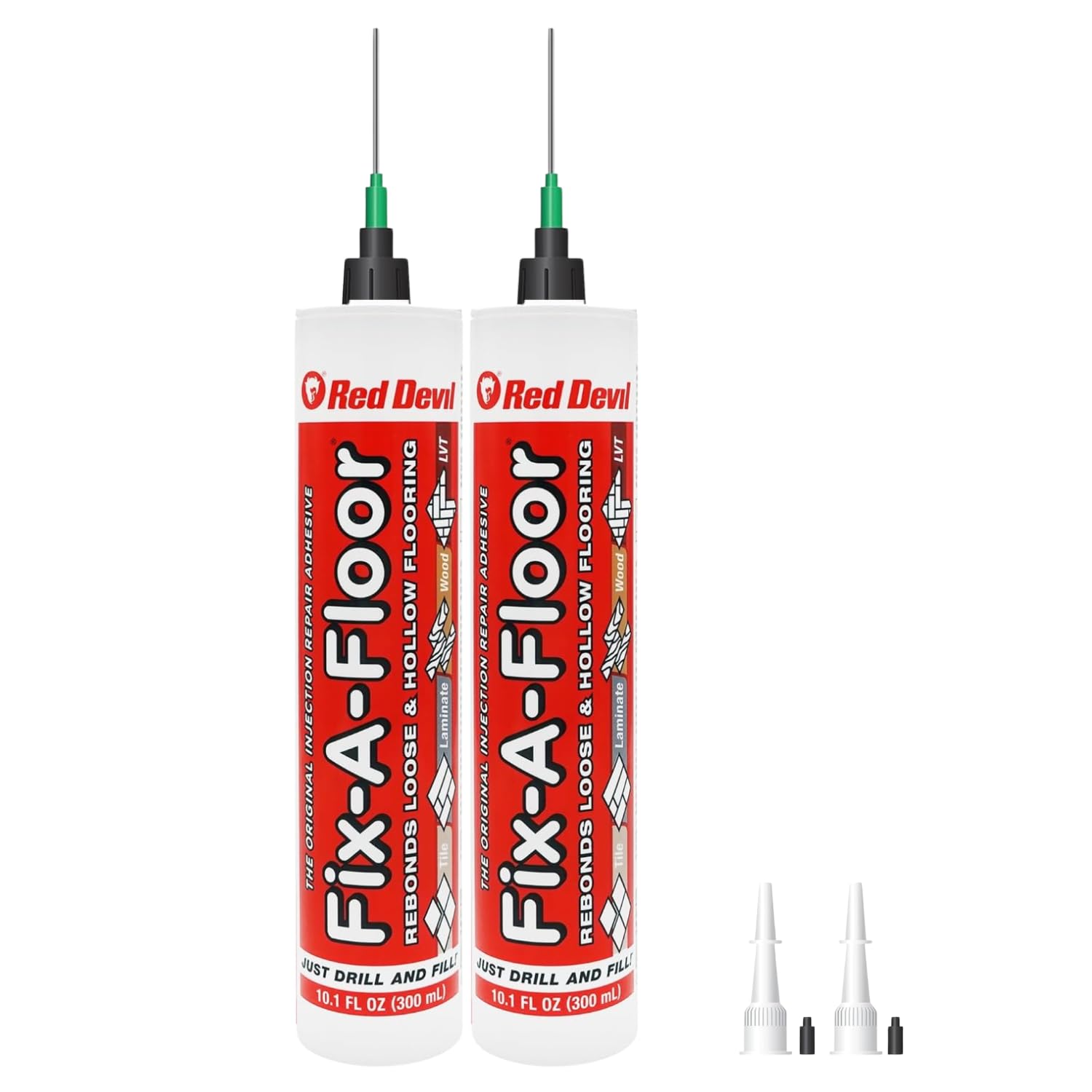 Fix-A-Floor Pro Pack tubes and injector for precise tile reattachment.