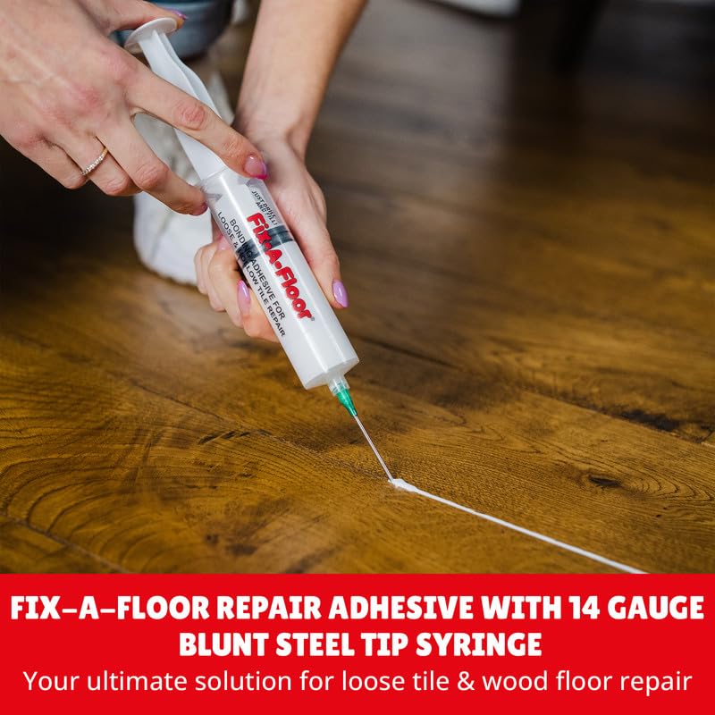 Fix-A-Floor tile glue syringe application for precise repairs on multiple floors
