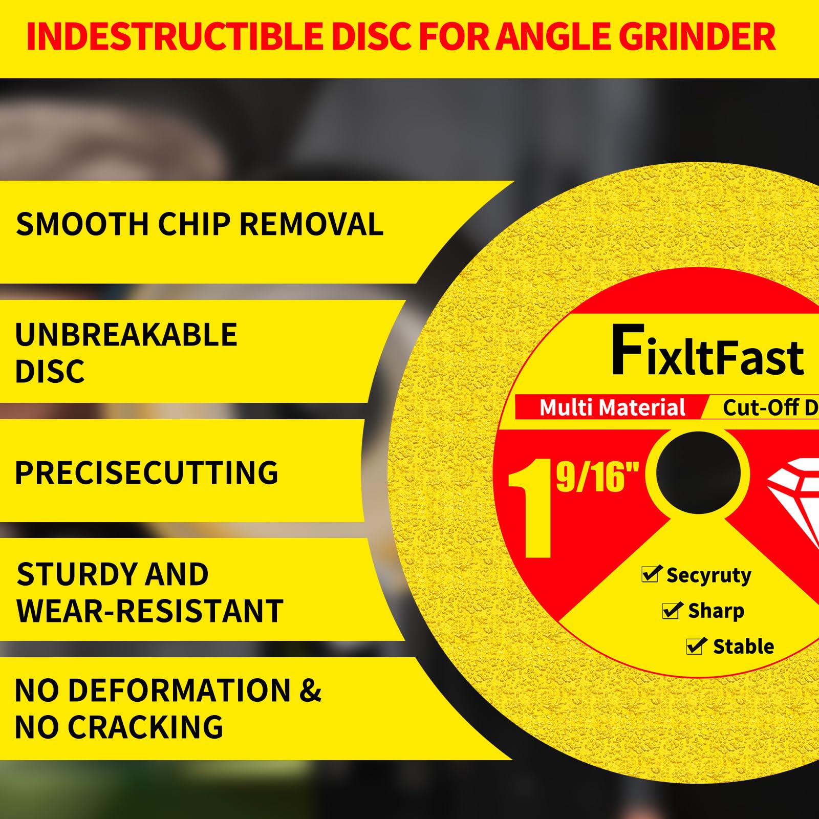 Close-up of FixltFast cut-off disc showing the diamond edge for multi-material cuts.