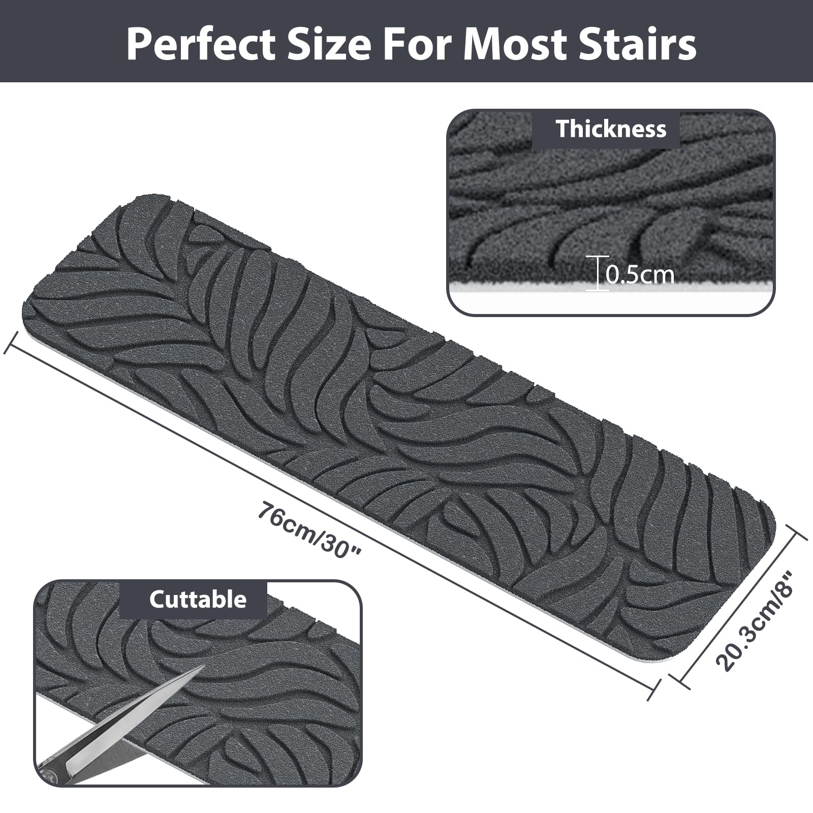 Fixmend dark grey leaf pattern close-up shows stylish, non-slip surface for safer stairs.