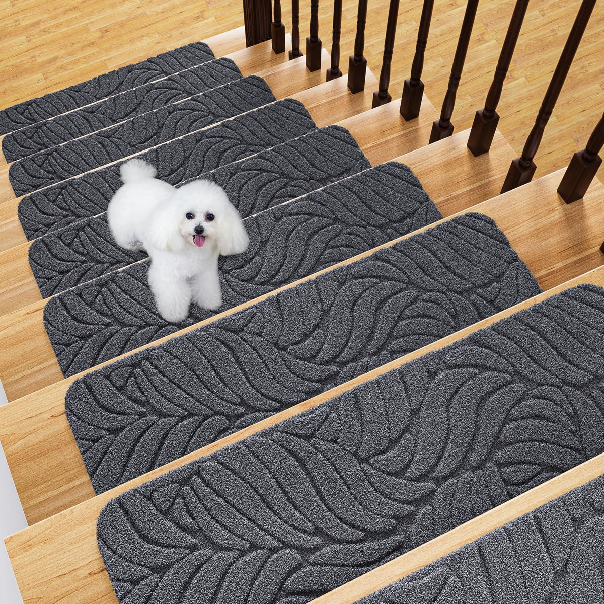 Fixmend stair treads on wooden steps provide non-slip safety and easy installation.