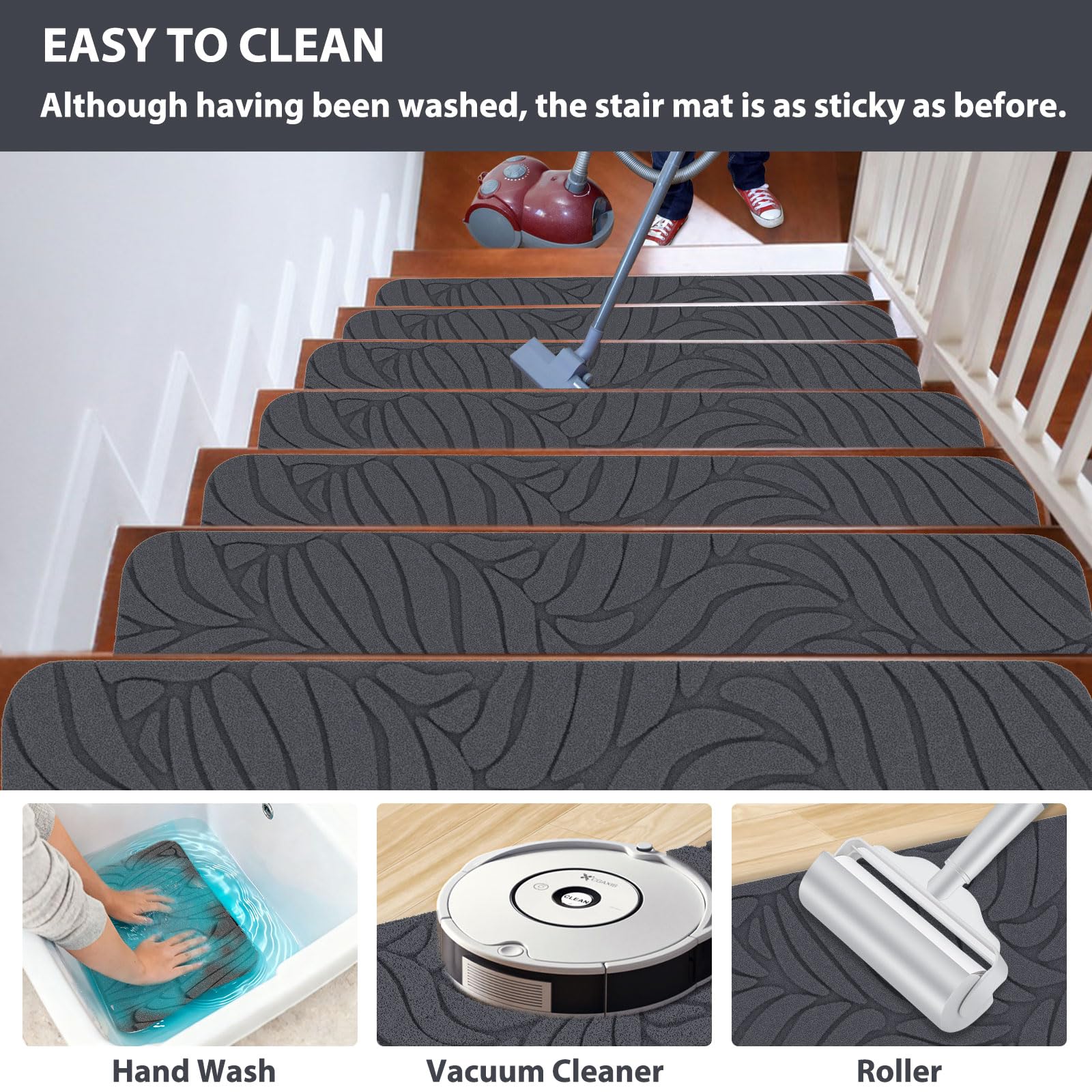 Fixmend stair treads washable surface demonstrates easy cleaning and reusability after dirt.