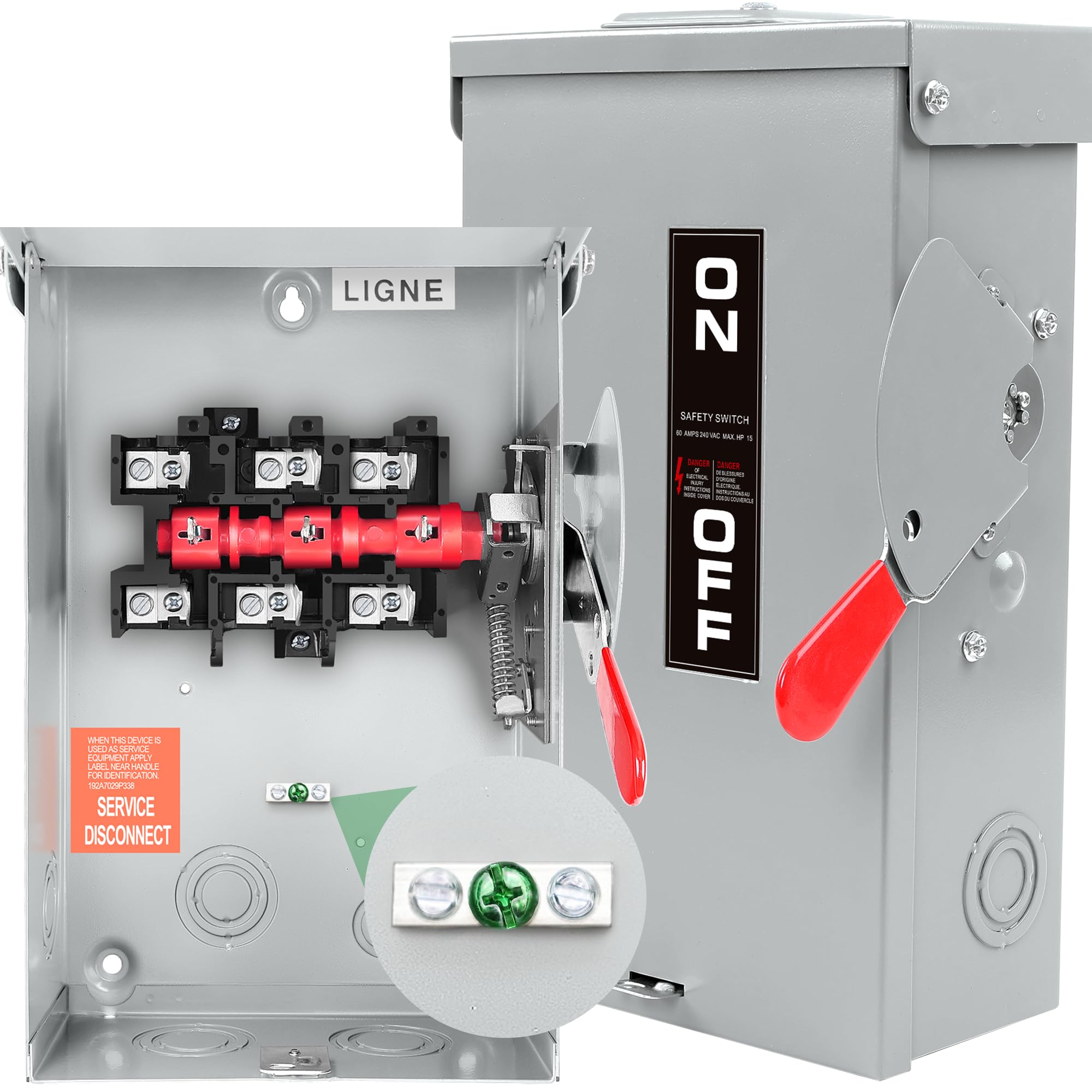 FixOasis 3P 60A disconnect panel with clear wiring access for safer indoor and outdoor use.