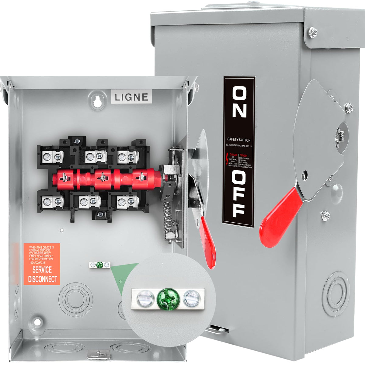 FixOasis 3P 60A disconnect panel with clear wiring access for safer indoor and outdoor use.