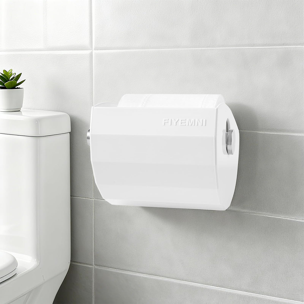 FIYEMNI cat-proof toilet paper cover in white, closed on a standard holder.