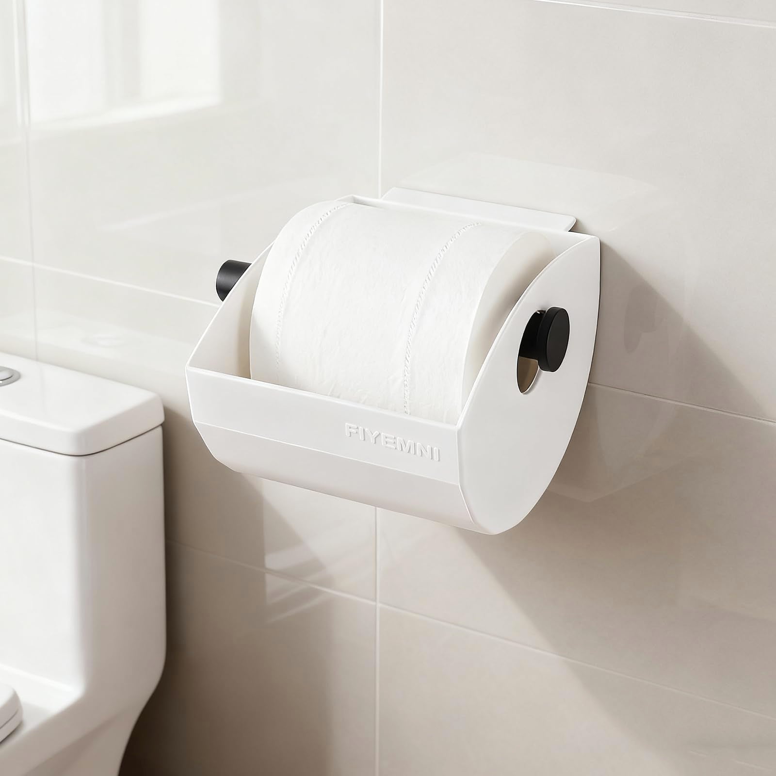 FIYEMNI cat-proof toilet paper cover white, durable plastic.