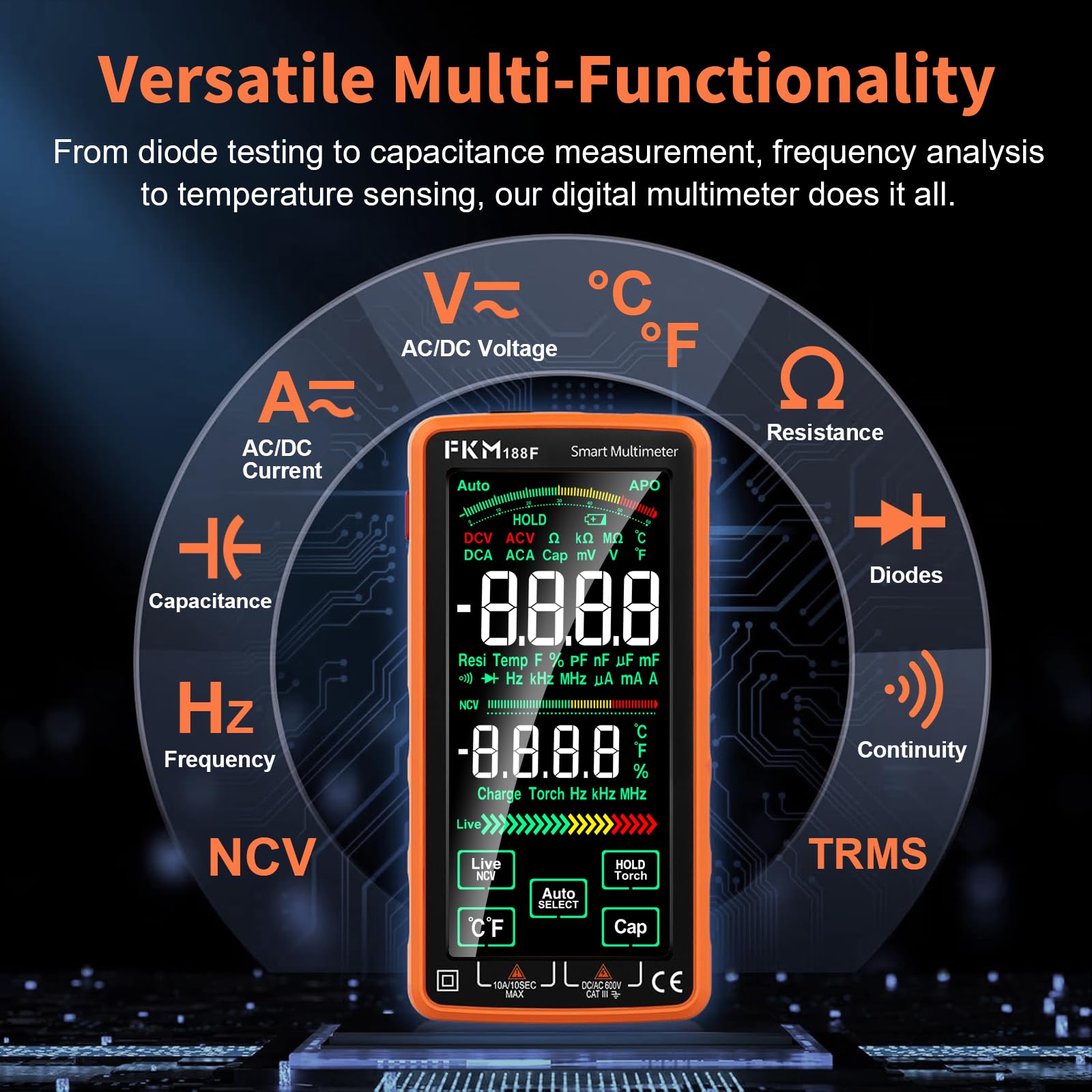 FKM Pro DMM measures AC/DC voltage, current, and resistance for versatile testing.