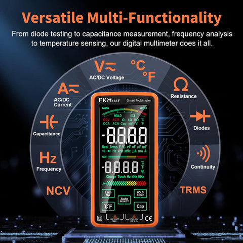 FKM Pro DMM measures AC/DC voltage, current, and resistance for versatile testing.