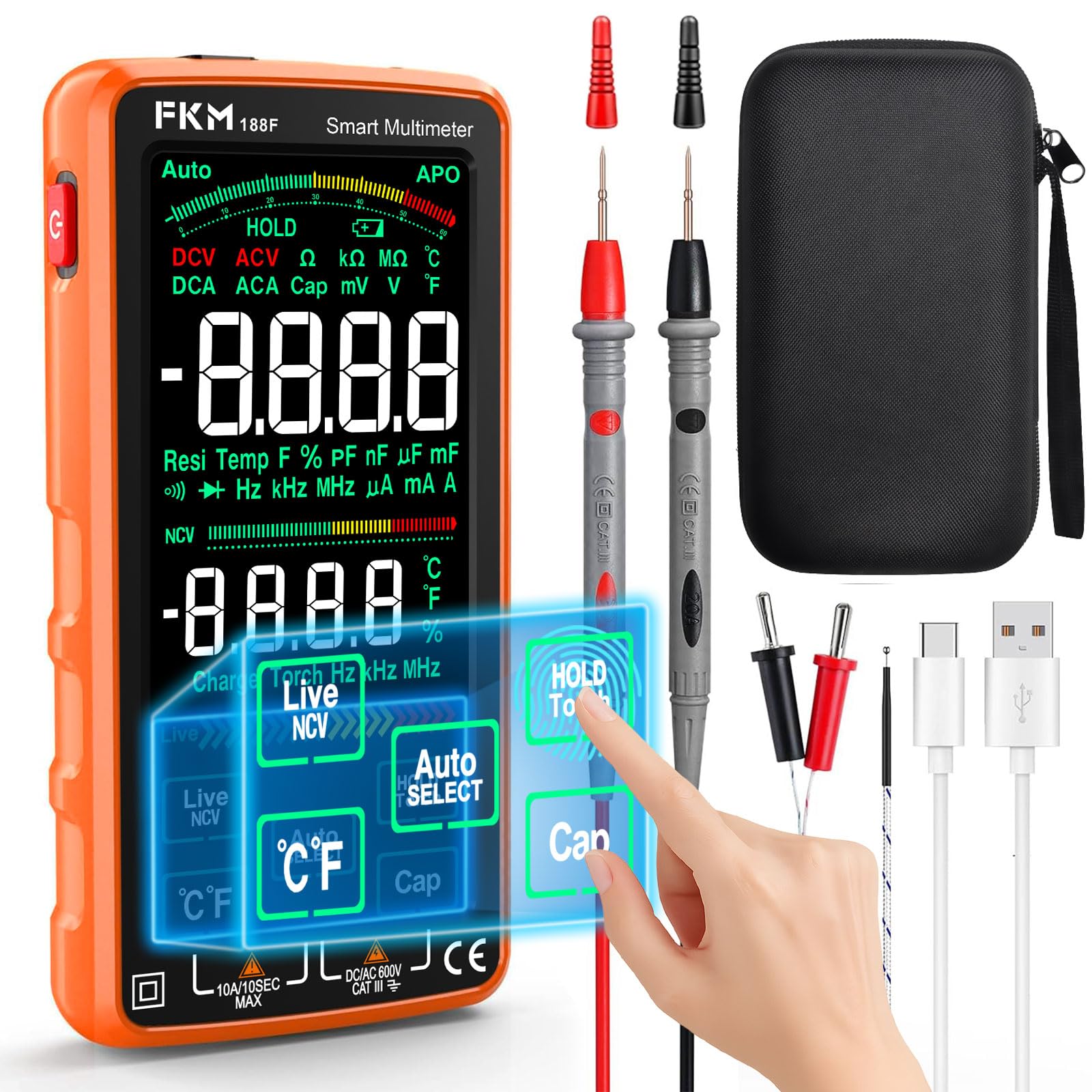 FKM Pro DMM auto-ranging detects measurement type for accurate results.