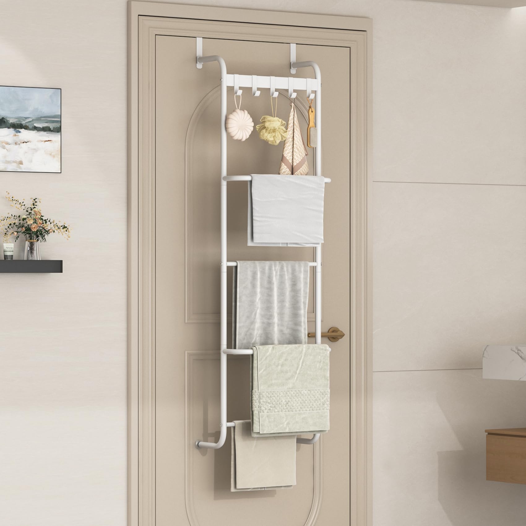 FKUO over-door towel rack mounted over door showing space-saving setup