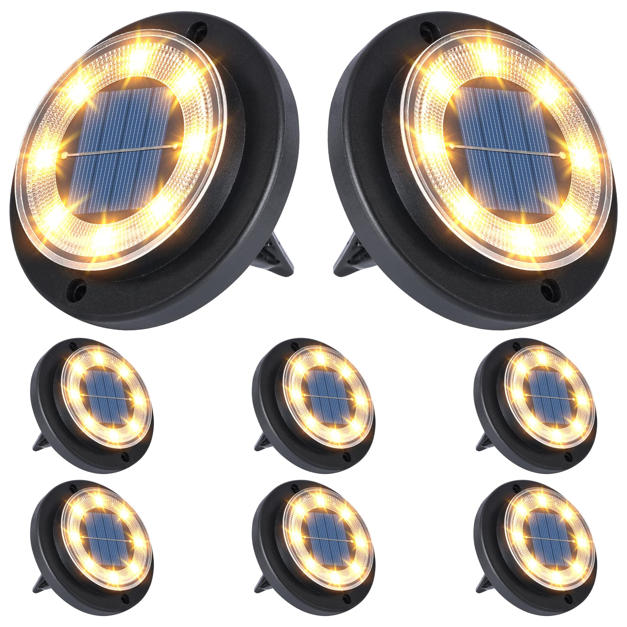 Flacchi solar ground light disk on ground providing even warm illumination along a path.