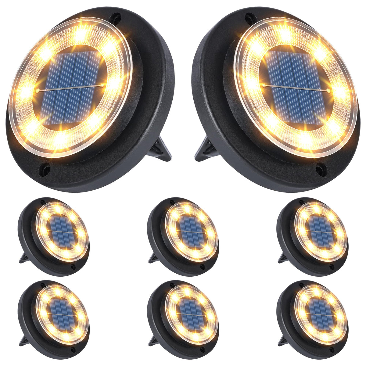 Flacchi solar ground light disk on ground providing even warm illumination along a path.