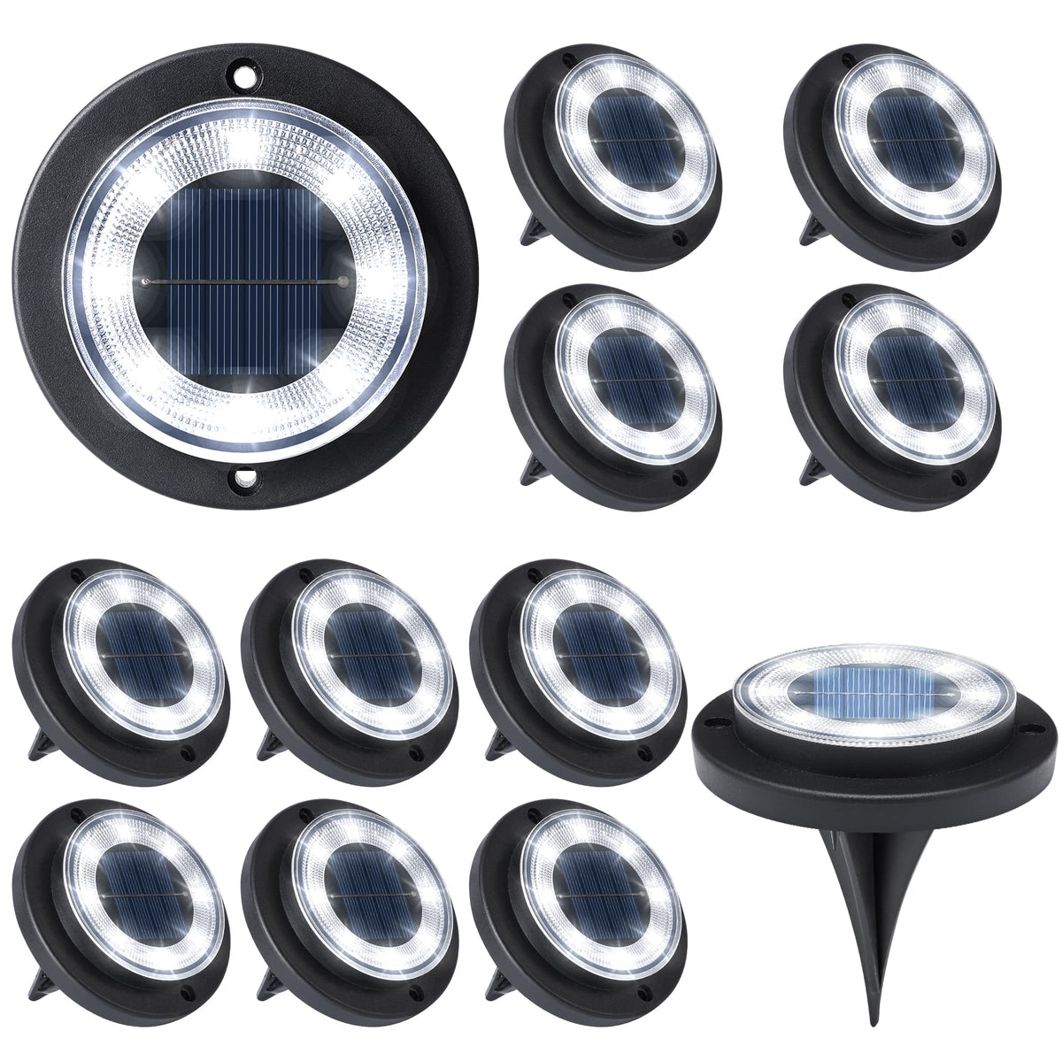 Flacchi solar ground light disk along a walkway showing cool white glow for safe paths