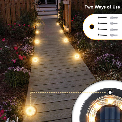 Flacchi solar ground light pathway illumination along a walkway in the yard.