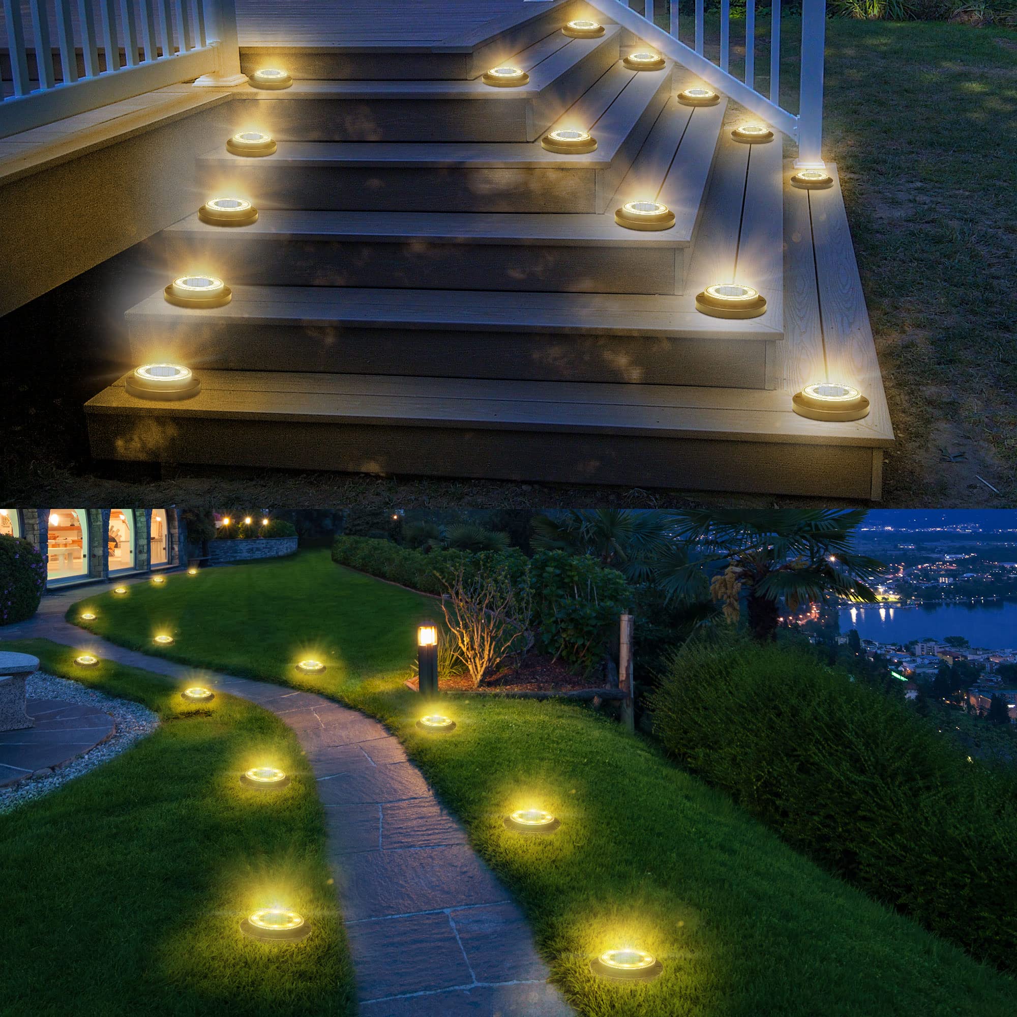 Flacchi solar ground lights illuminate a patio and yard with warm path lighting.