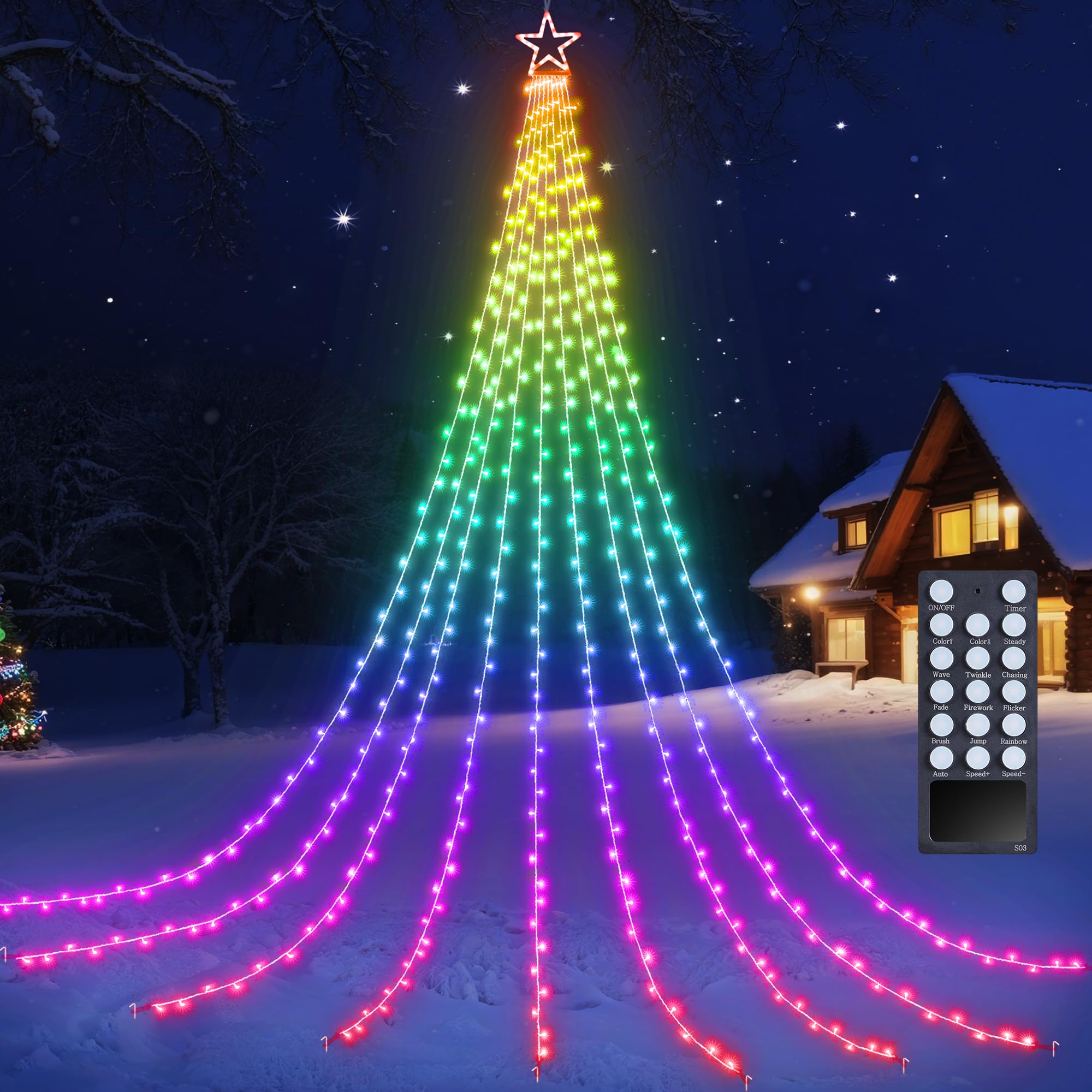 Flacchi waterfall tree decoration lights with remote illuminate outdoor areas with a dramatic colorful glow.