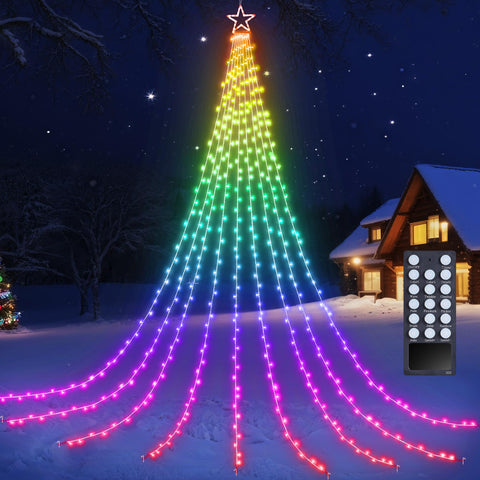 Flacchi waterfall tree decoration lights with remote illuminate outdoor areas with a dramatic colorful glow.