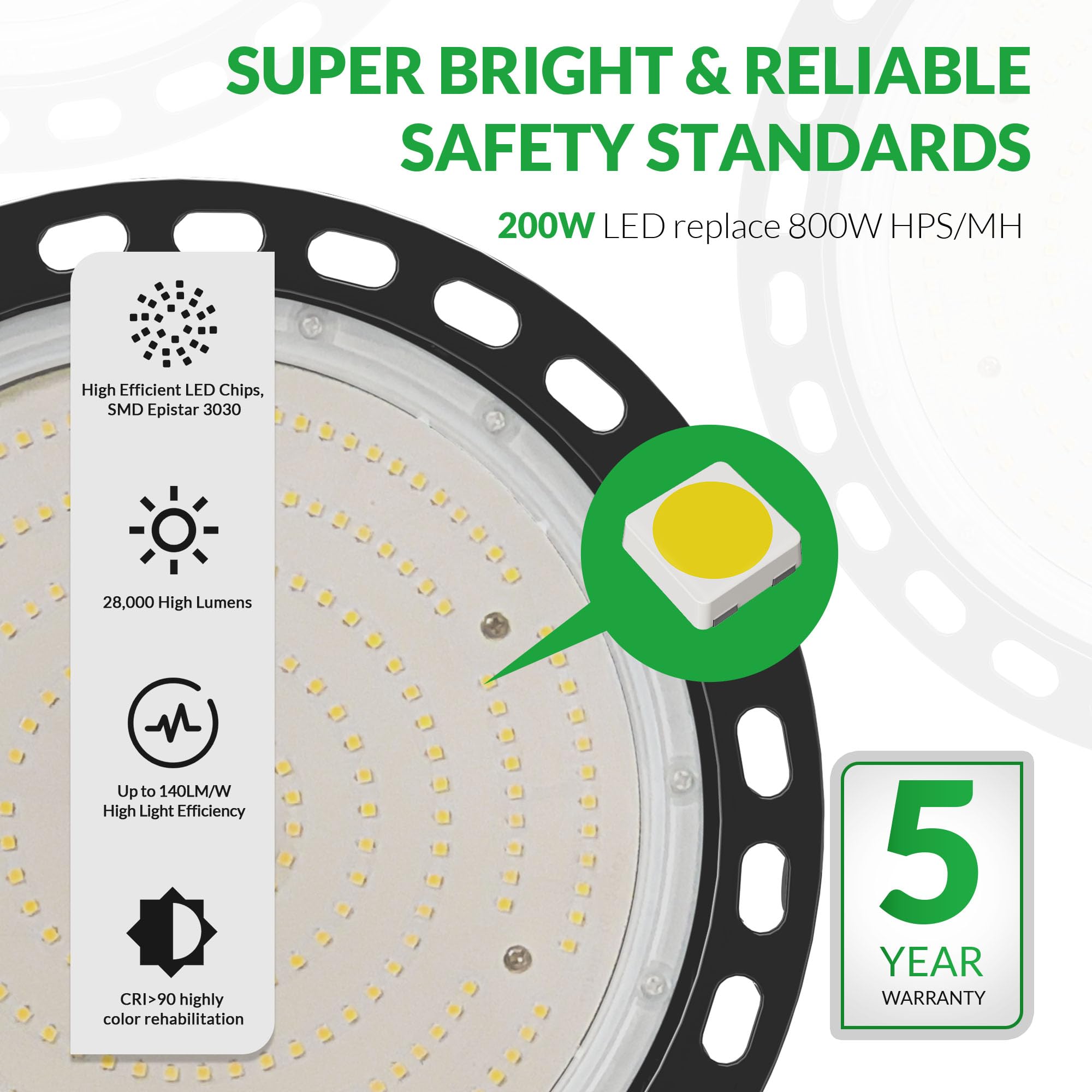 Flakeeper 200W UFO high bay light die-casting shell enhances durability and heat management.